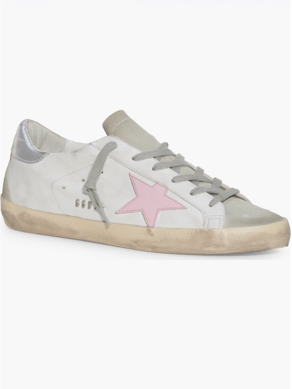Golden Goose White Leather Sneaker with Pink Star and Gray Accents